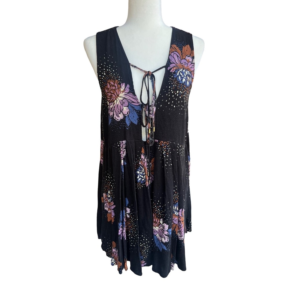 Free People Lovely Day Printed Tunic Boho Mini Babydoll M Dress Floral Tie-Front